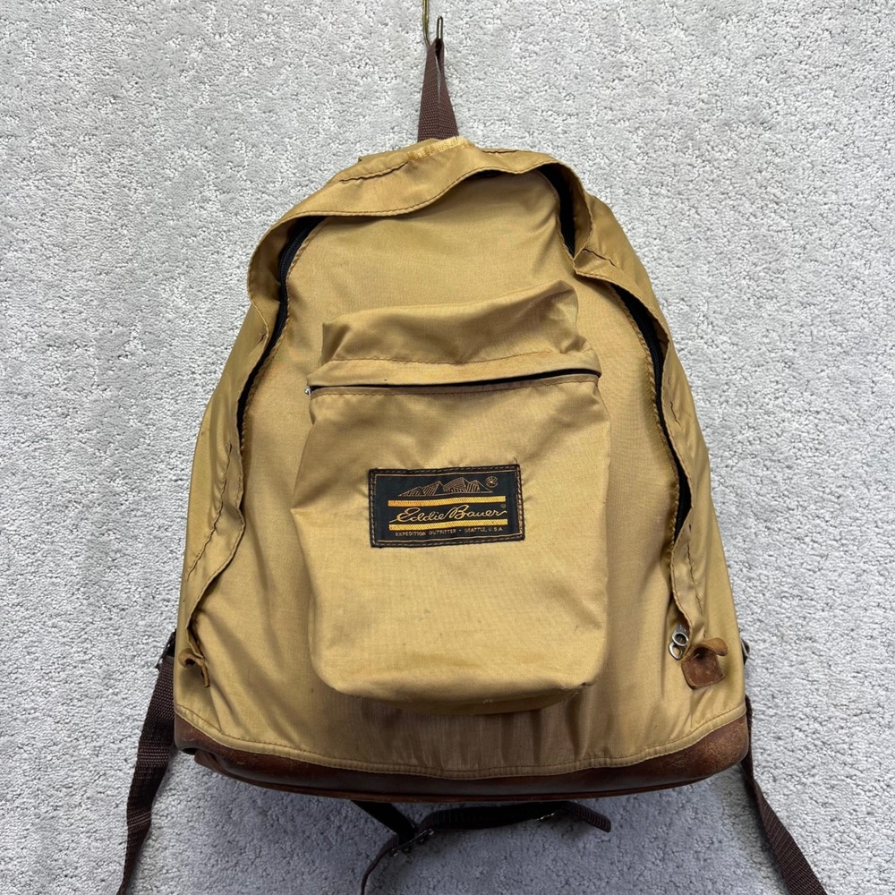 VINTAGE Eddie Bauer Backpack Tan Nylon Brown Leather Bottom Daypack Rucksack 80s